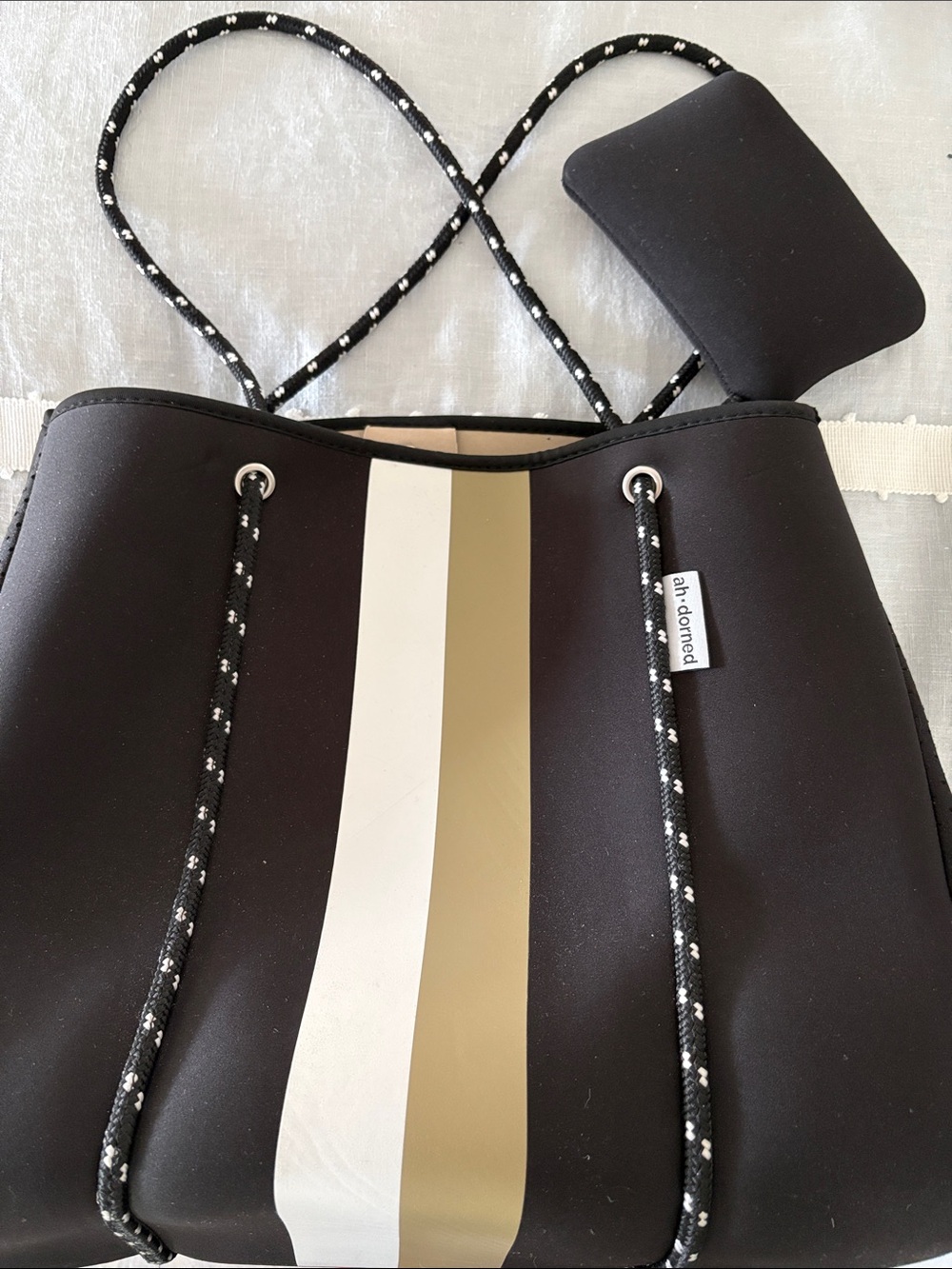 Ah-dorned Black Neoprene Tote with Stripe